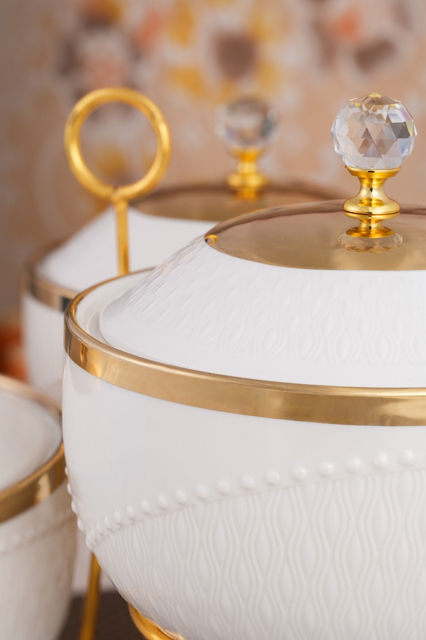 Luxury White & Gold Serving Bowl Set with stand – Set of 3