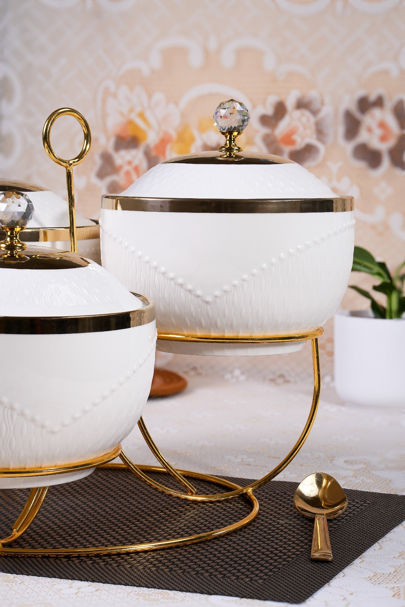 Luxury White & Gold Serving Bowl Set with stand – Set of 3