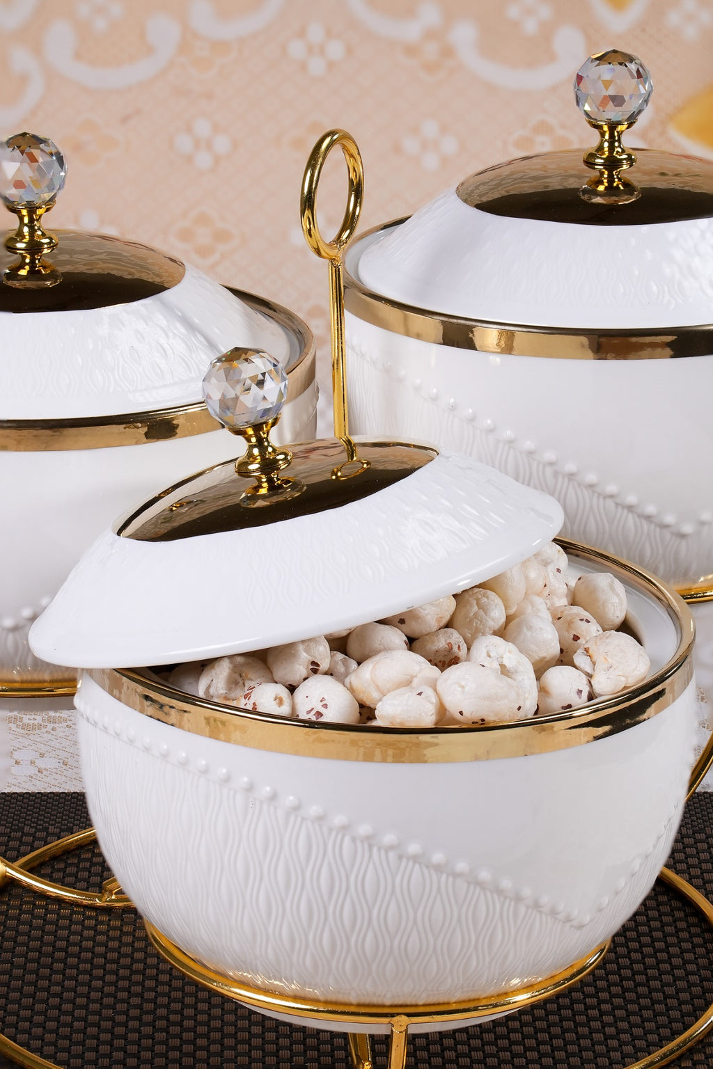 Luxury White & Gold Serving Bowl Set with stand – Set of 3