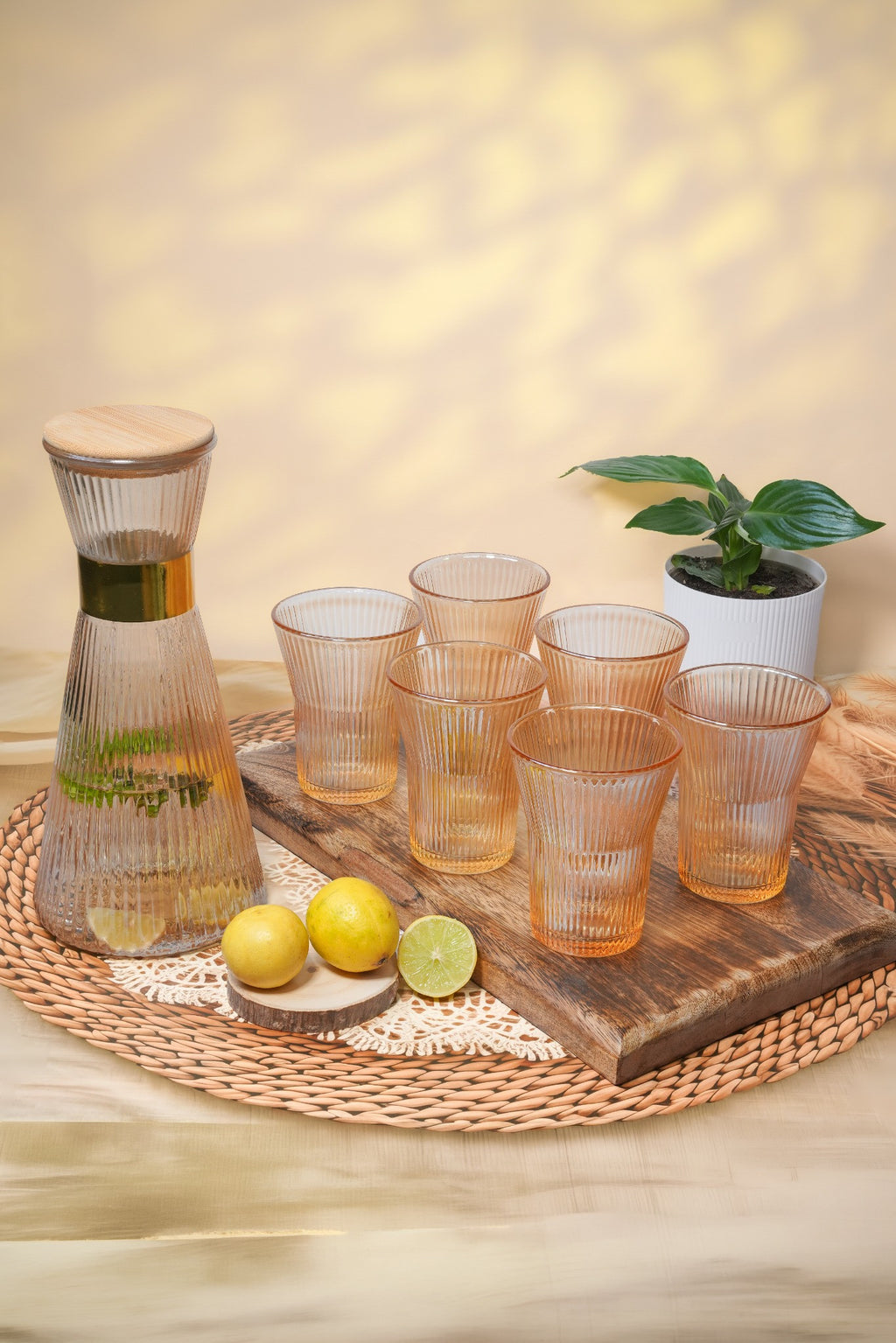 Elegant Ribbed Glass Carafe Set with 6 Glasses & Bamboo Lid – 7 Pcs