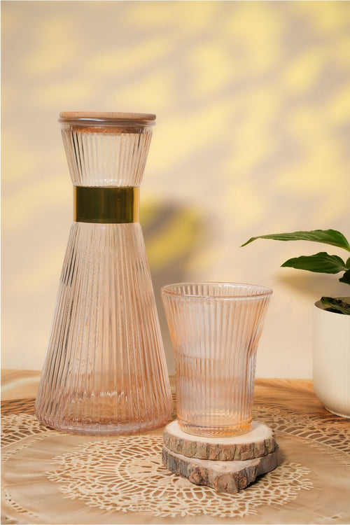 Elegant Ribbed Glass Carafe Set with 6 Glasses & Bamboo Lid – 7 Pcs