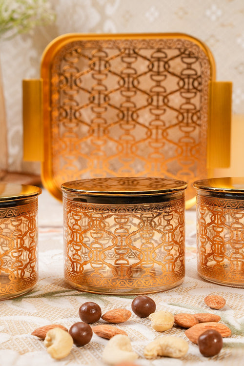 Luxury 24K Gold Plated Glass Dry Fruit Jar Set with Serving Tray – 5 Pcs