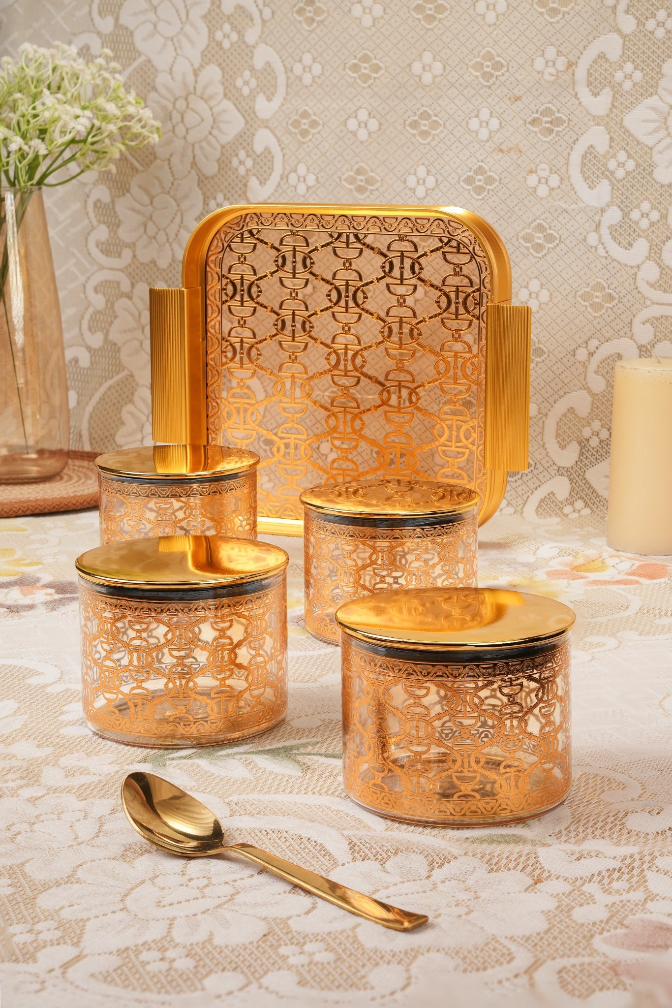 Luxury 24K Gold Plated Glass Dry Fruit Jar Set with Serving Tray – 5 Pcs