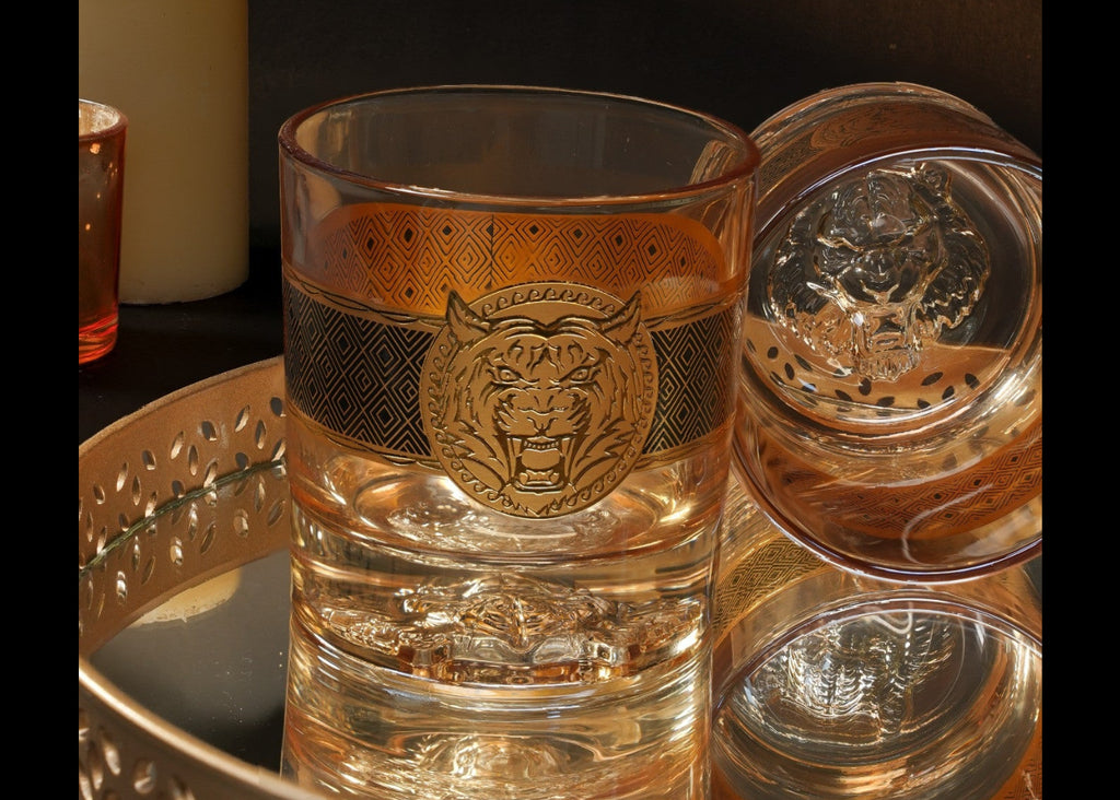 Luxury Gold Detailed Whiskey Glass Set with Embossed Lion & Tiger – Set of 6