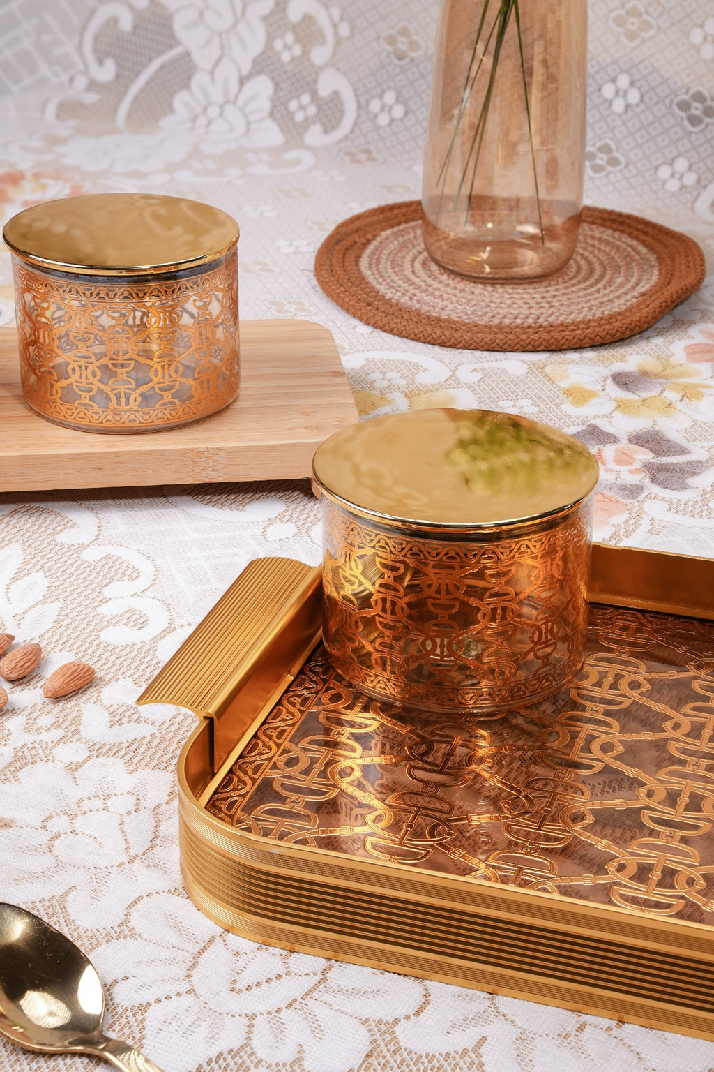 Luxury 24K Gold Plated Glass Dry Fruit Jar Set with Serving Tray – 5 Pcs