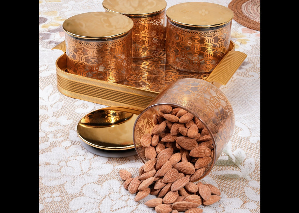 Luxury 24K Gold Plated Glass Dry Fruit Jar Set with Serving Tray – 5 Pcs