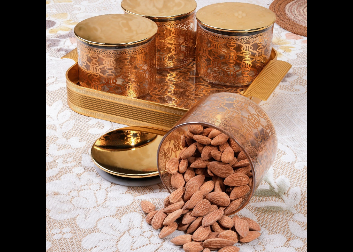 Luxury 24K Gold Plated Glass Dry Fruit Jar Set with Serving Tray – 5 Pcs