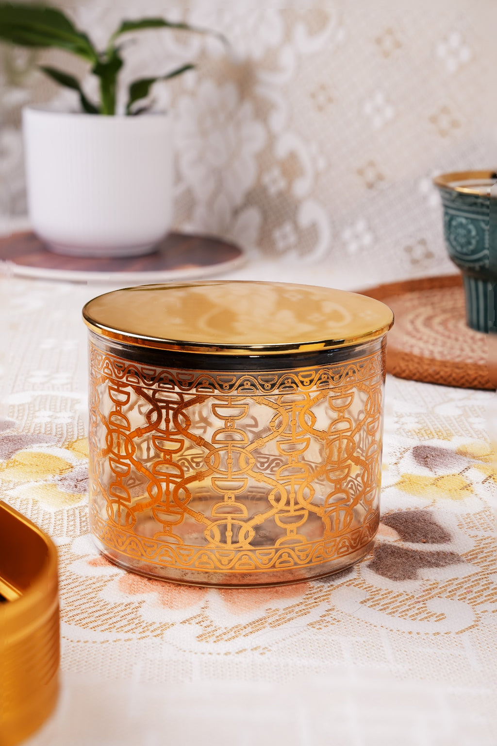 Luxury 24K Gold Plated Glass Dry Fruit Jar Set with Serving Tray – 5 Pcs